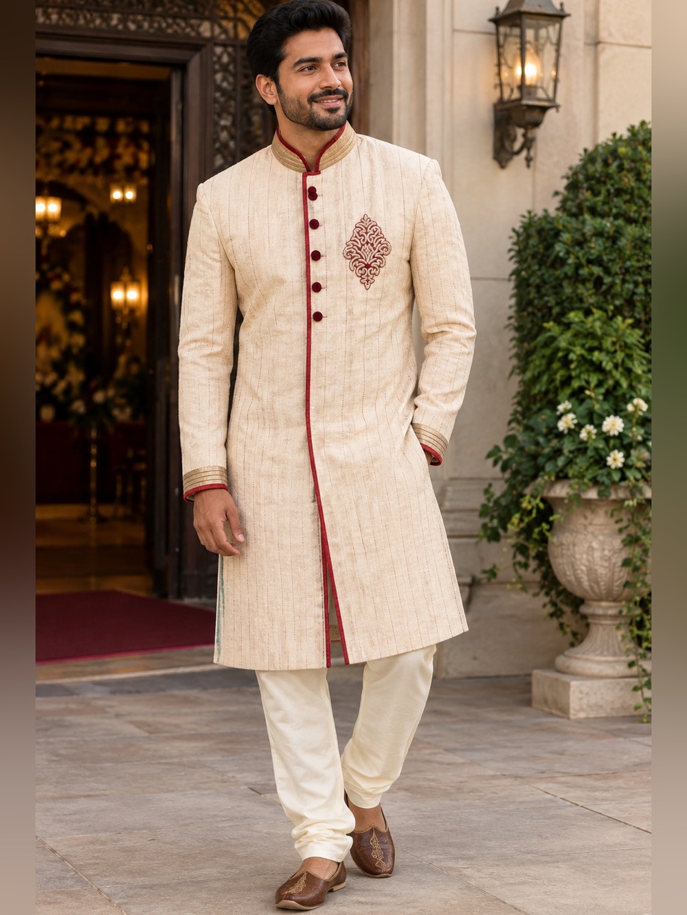 India Sherwani Mens Wedding Royalty Red Velvet Gold Trim Button Structure Collar